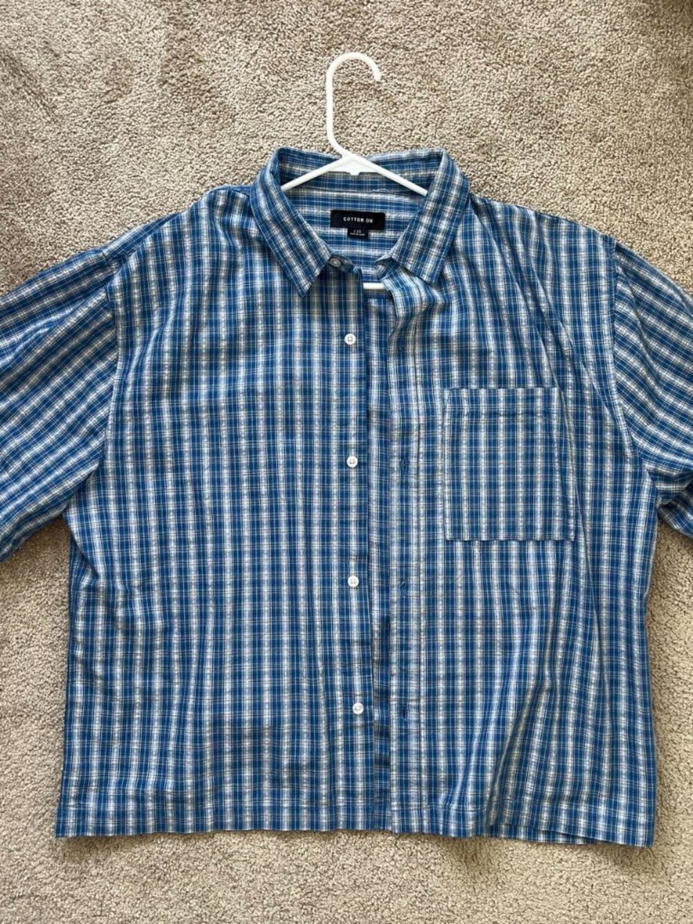 Cotton On Blue Plaid Short Sleeve Button Up Shirt Boxy L